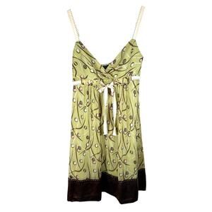 Vintage Y2K BCBG Max Azria Green 100% Silk Empire Waist Sun Dress Cocktail Party